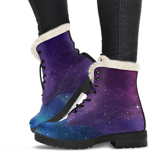 Purple Turquoise Galaxy Space Print Hippie Faux Fur Leather Boots - 1