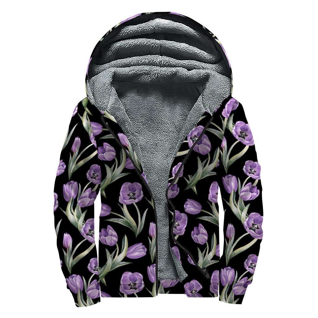 Purple Watercolor Tulip Pattern Sherpa Lined Zip Up Hoodie for Boho Babes - 1