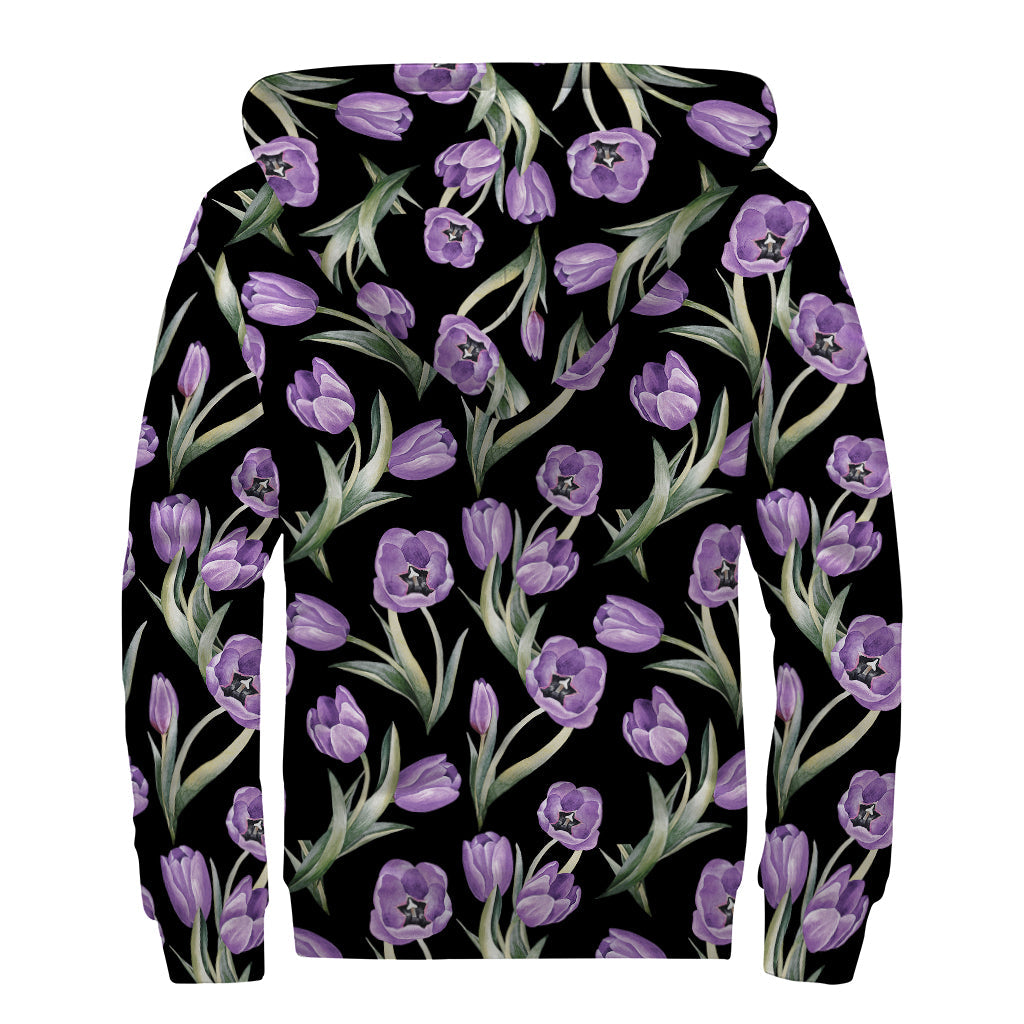 Purple Watercolor Tulip Pattern Sherpa Lined Zip Up Hoodie for Boho Babes - 2