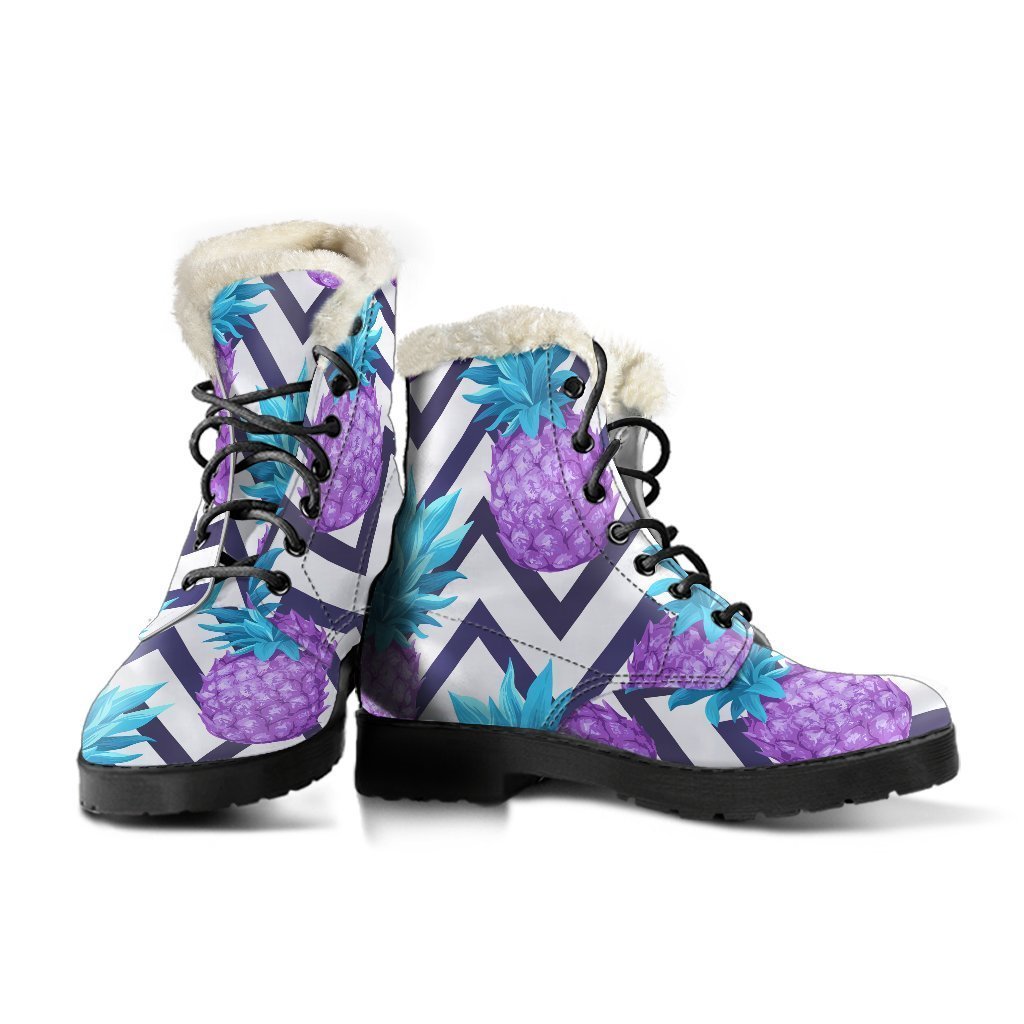 Groovy Purple Zig Zag Pineapple Pattern Print Faux Fur Leather Boots for Hippie Fashionistas - 3