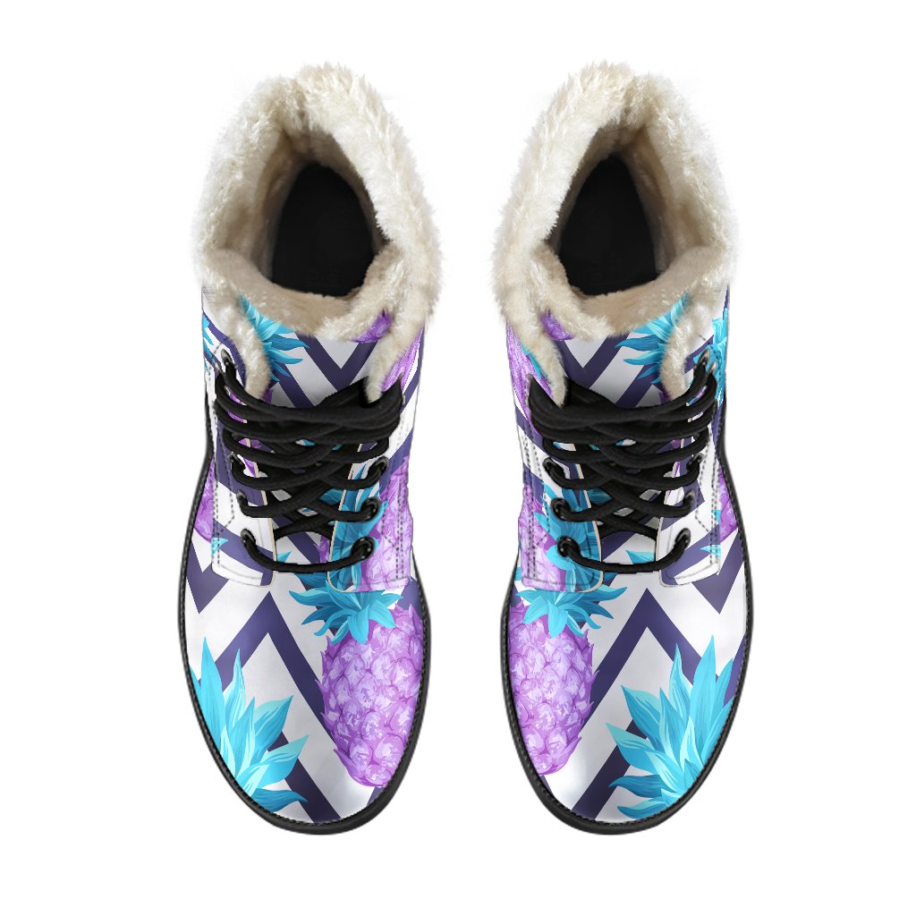 Groovy Purple Zig Zag Pineapple Pattern Print Faux Fur Leather Boots for Hippie Fashionistas - 4