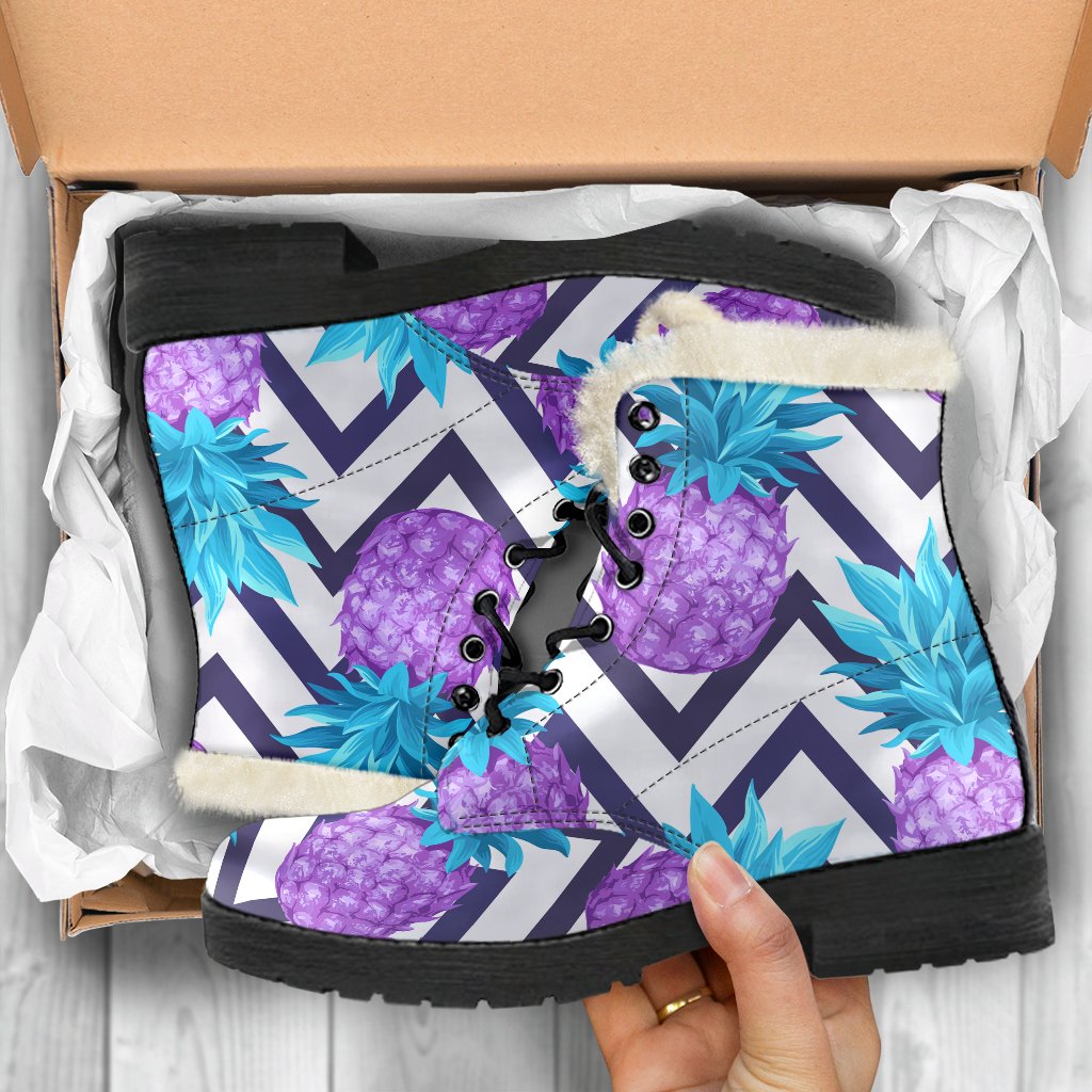 Groovy Purple Zig Zag Pineapple Pattern Print Faux Fur Leather Boots for Hippie Fashionistas - 5