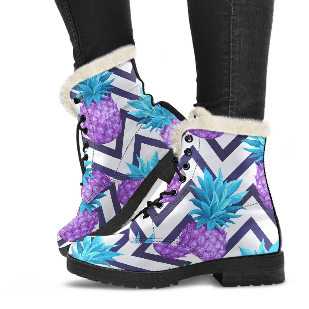 Groovy Purple Zig Zag Pineapple Pattern Print Faux Fur Leather Boots for Hippie Fashionistas - 1