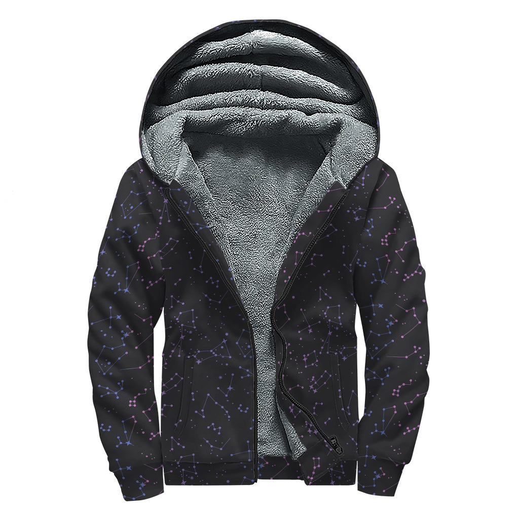 Starry Nights: Purple Zodiac Stars Sherpa Lined Zip Up Hoodie - 1