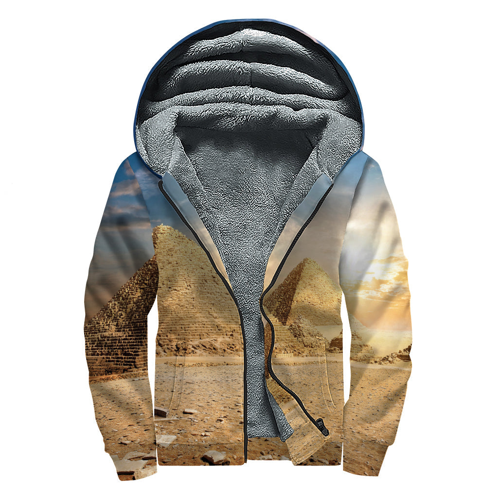 Pyramid Sunset Print Sherpa Lined Zip Up Hoodie - Embrace Your Inner Hippie Vibe! - 1