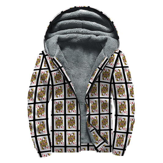 Queen of Diamonds Pattern Sherpa Lined Zip Up Hoodie for Groovy Hippies - 1