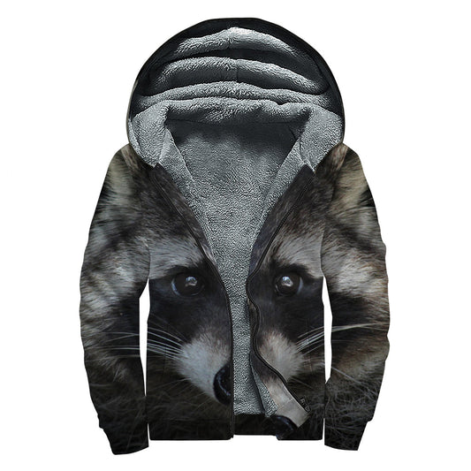 Raccoon Portrait Print Sherpa Lined Zip Up Hoodie for the Free-Spirited Hippie - 1