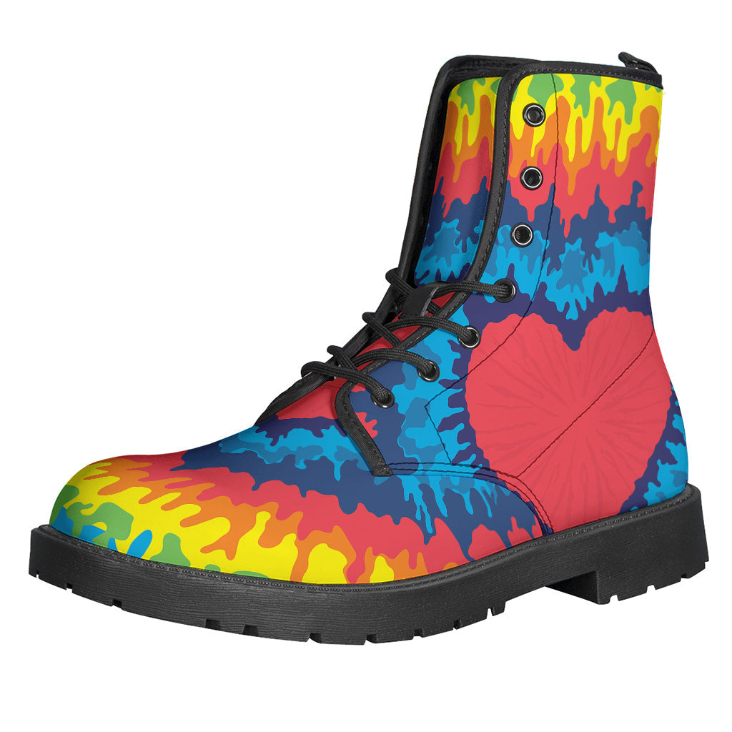 Groovy Rainbow Heart Tie-Dye Leather Boots for Peace-Loving Hippies - 1