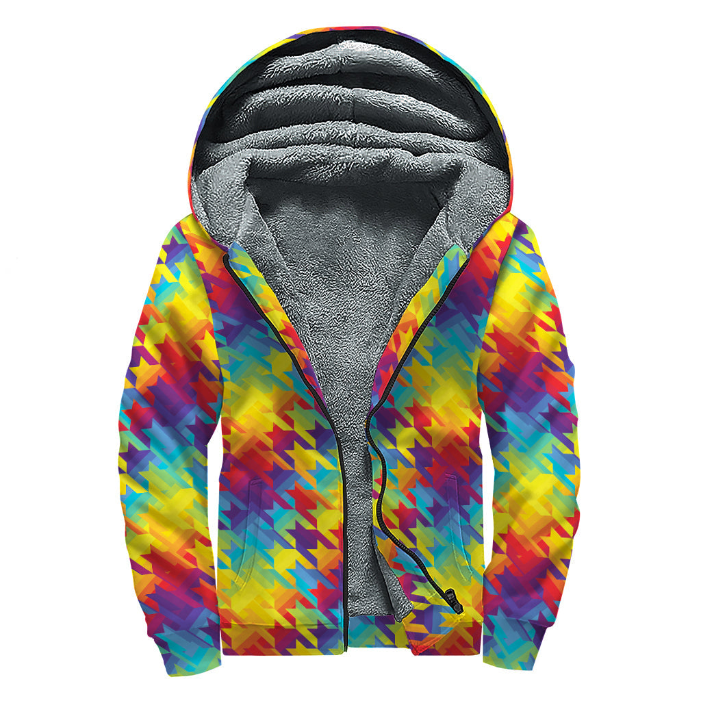 Rainbow Houndstooth Sherpa: Embrace Your Inner Hippie with this Cozy Zip Up Hoodie! - 1