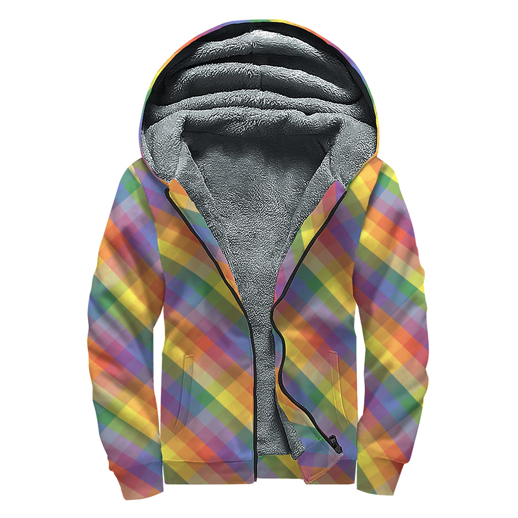 Rainbow LGBT Plaid Pattern Sherpa Lined Zip Up Hoodie for Groovy Hippies - 1