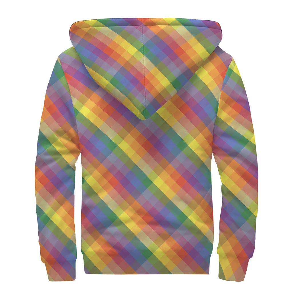 Rainbow LGBT Plaid Pattern Sherpa Lined Zip Up Hoodie for Groovy Hippies - 2