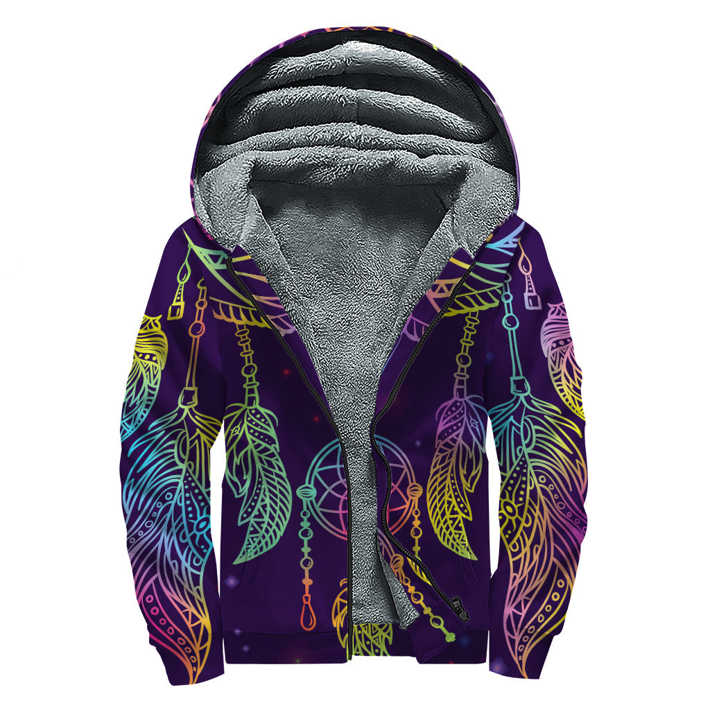 Rainbow Dream Catcher Sherpa Lined Zip Up Hoodie for Groovy Hippies - 1