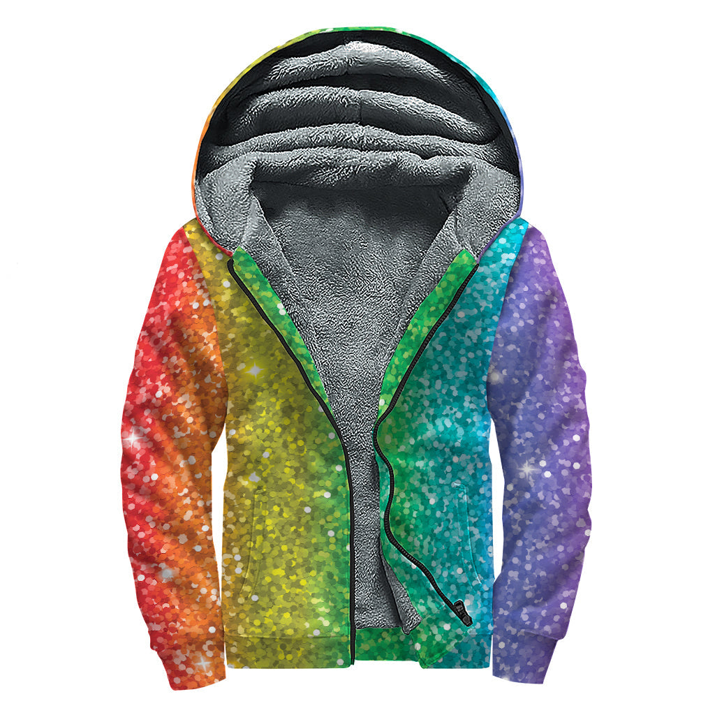 Groovy Rainbow Glitter Print Sherpa Lined Zip Up Hoodie for Flower Children - 1