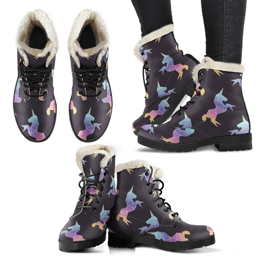 Rainbow Origami Unicorn Pattern Faux Fur Leather Boots for the Modern Hippie - 2