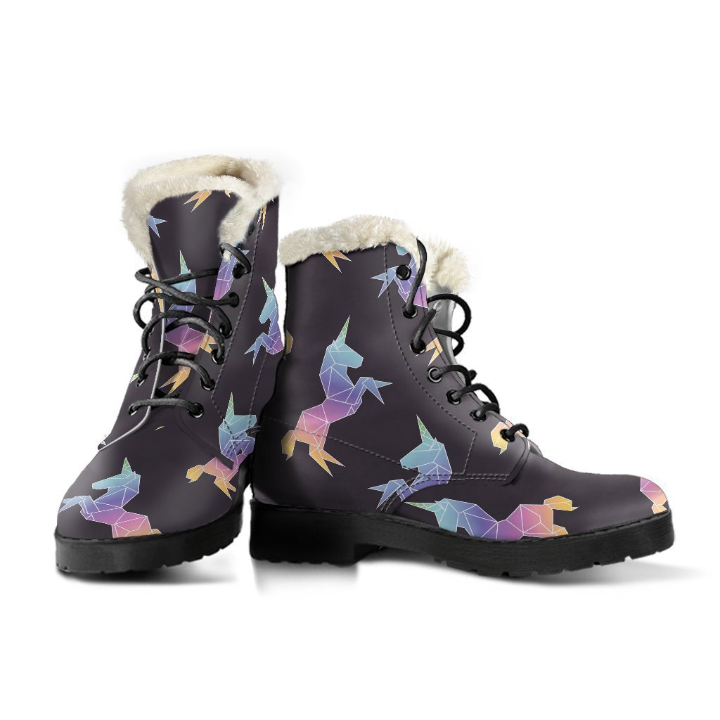 Rainbow Origami Unicorn Pattern Faux Fur Leather Boots for the Modern Hippie - 3