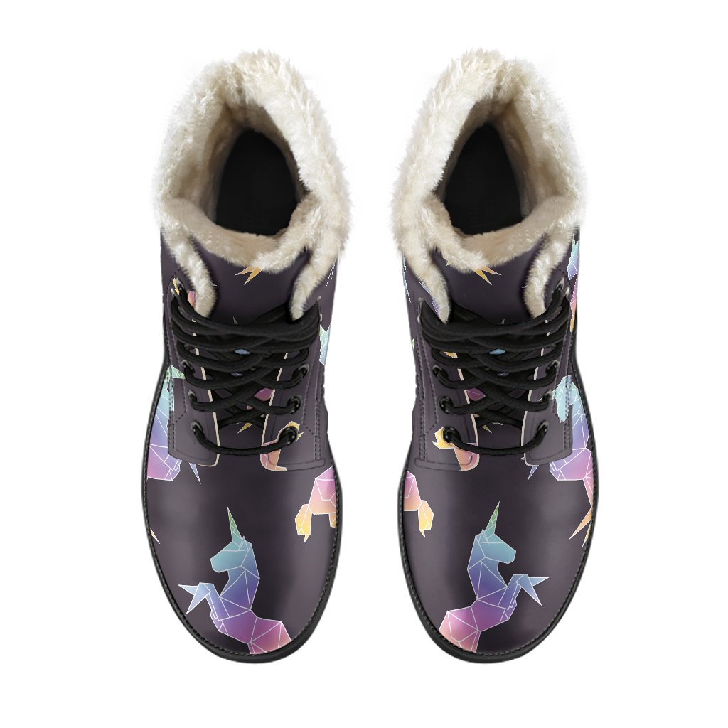 Rainbow Origami Unicorn Pattern Faux Fur Leather Boots for the Modern Hippie - 4