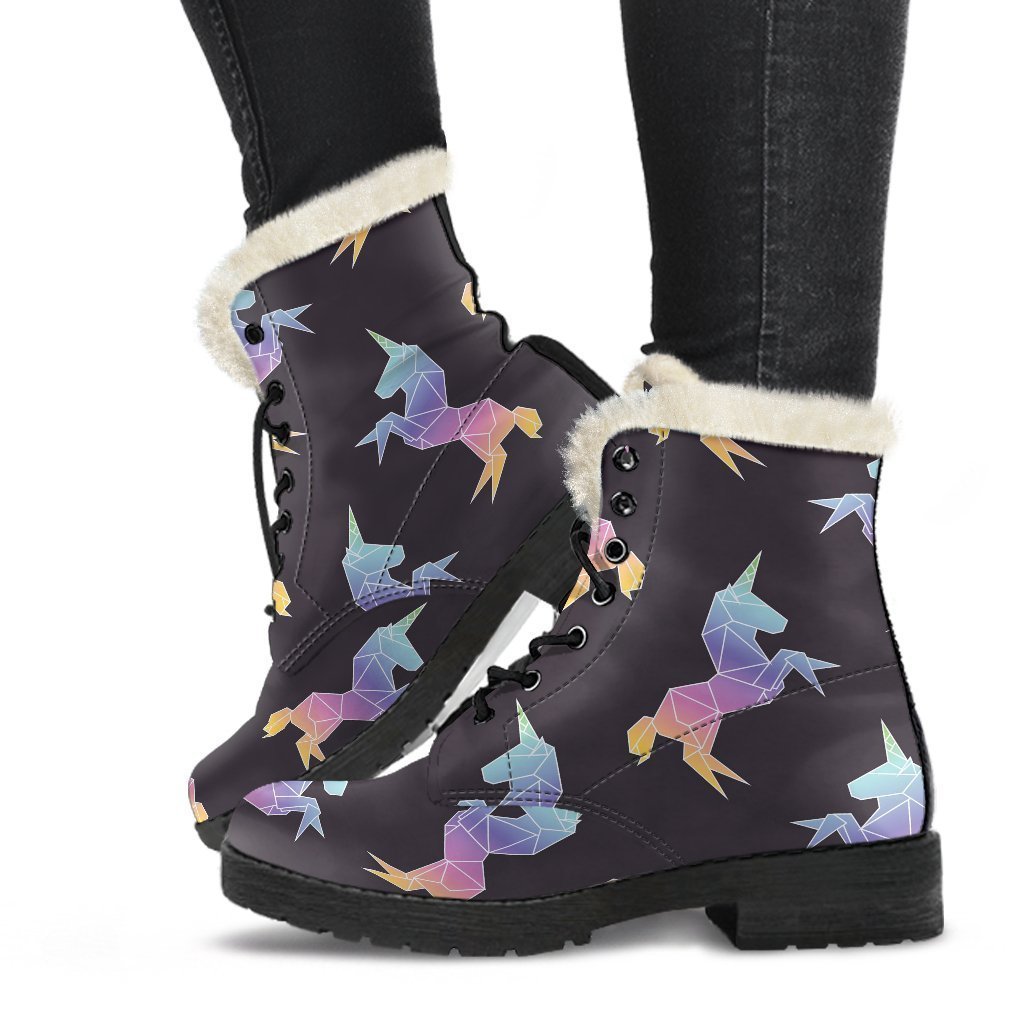 Rainbow Origami Unicorn Pattern Faux Fur Leather Boots for the Modern Hippie - 1