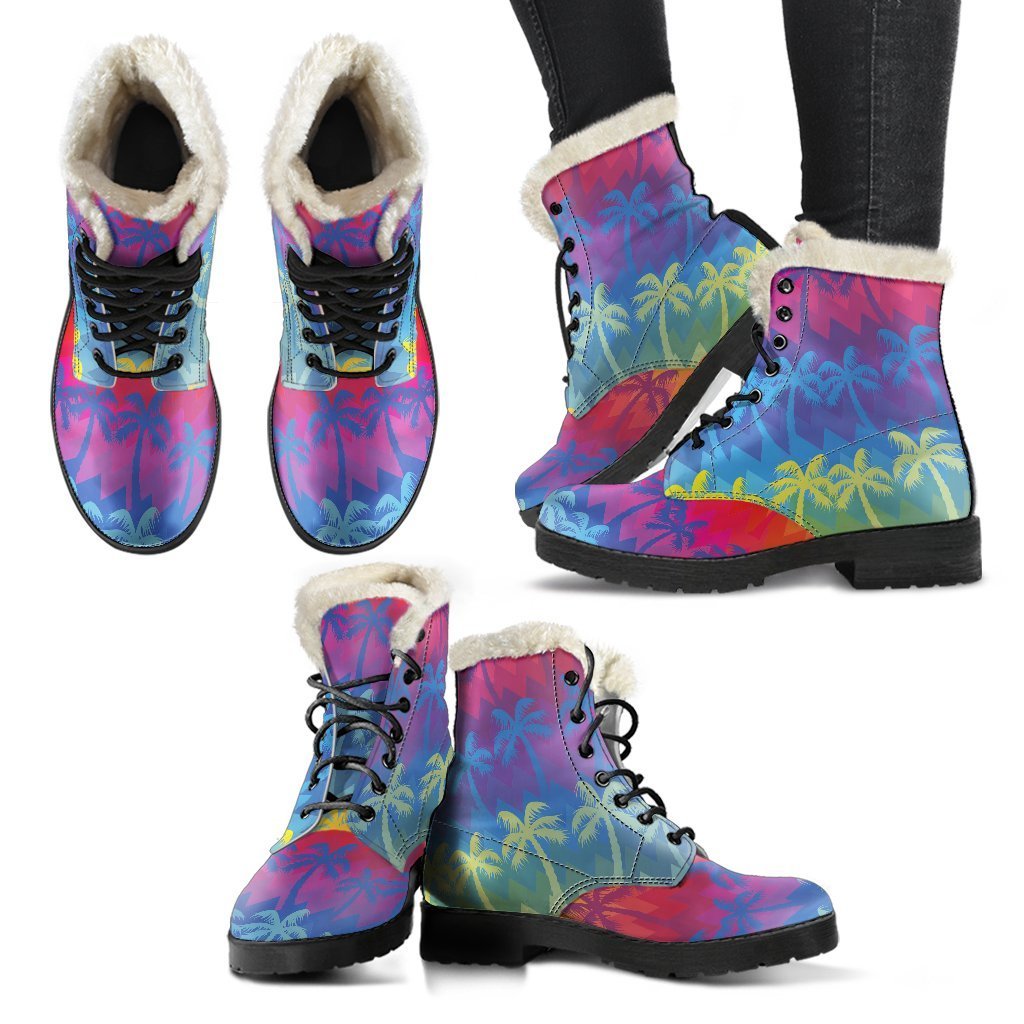 Groovy Rainbow Palm Tree Faux Fur Leather Boots for the Free-Spirited Hippie - 2