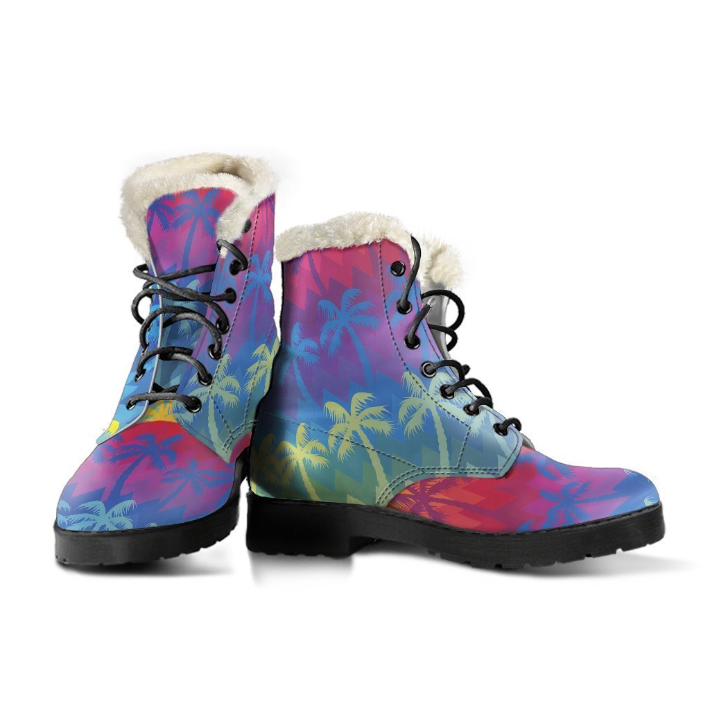 Groovy Rainbow Palm Tree Faux Fur Leather Boots for the Free-Spirited Hippie - 3