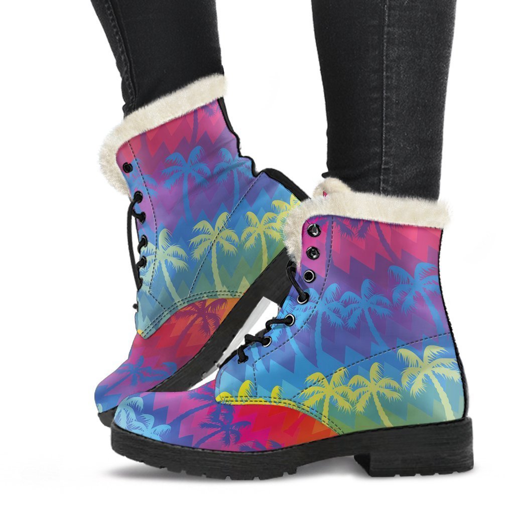 Groovy Rainbow Palm Tree Faux Fur Leather Boots for the Free-Spirited Hippie - 1