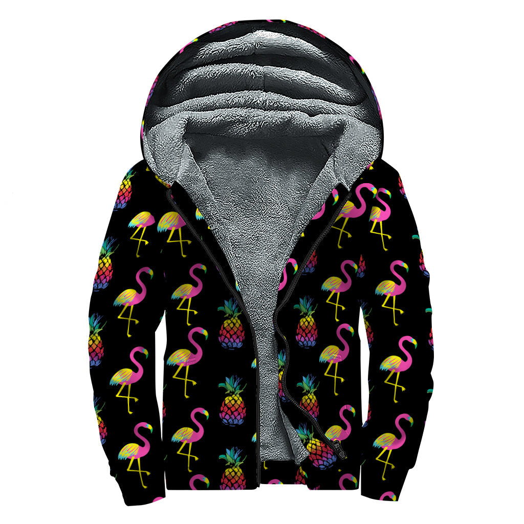 Rainbow Pineapple and Flamingo Print Sherpa Lined Zip Up Hoodie: Embrace Your Inner Hippie Style - 1