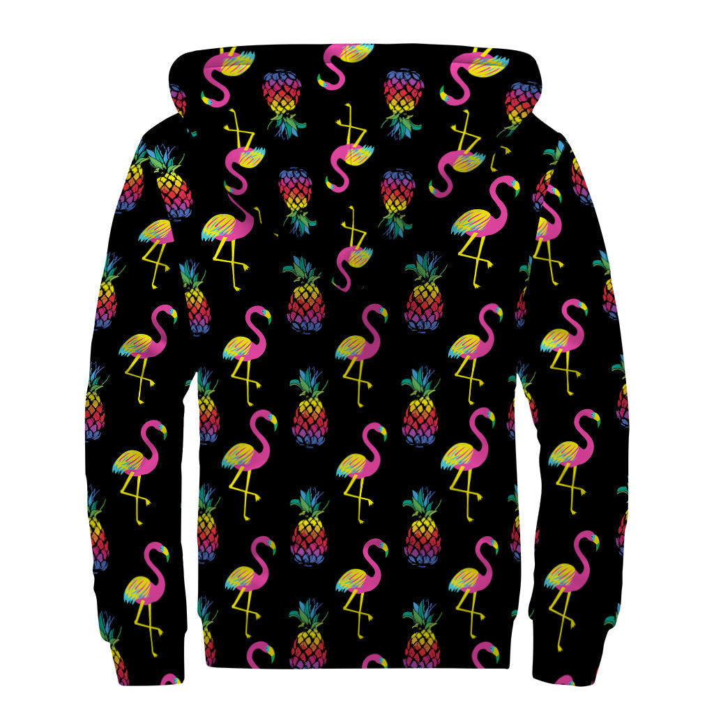 Rainbow Pineapple and Flamingo Print Sherpa Lined Zip Up Hoodie: Embrace Your Inner Hippie Style - 2