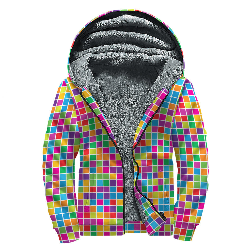 Groovy Rainbow Squares Sherpa Lined Zip Up Hoodie for Free-Spirited Hippies - 1