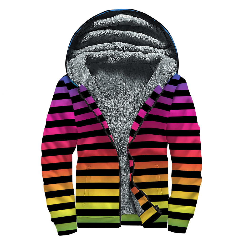 Groovy Rainbow Striped Sherpa Lined Zip Up Hoodie for Free-Spirited Hippies - 1