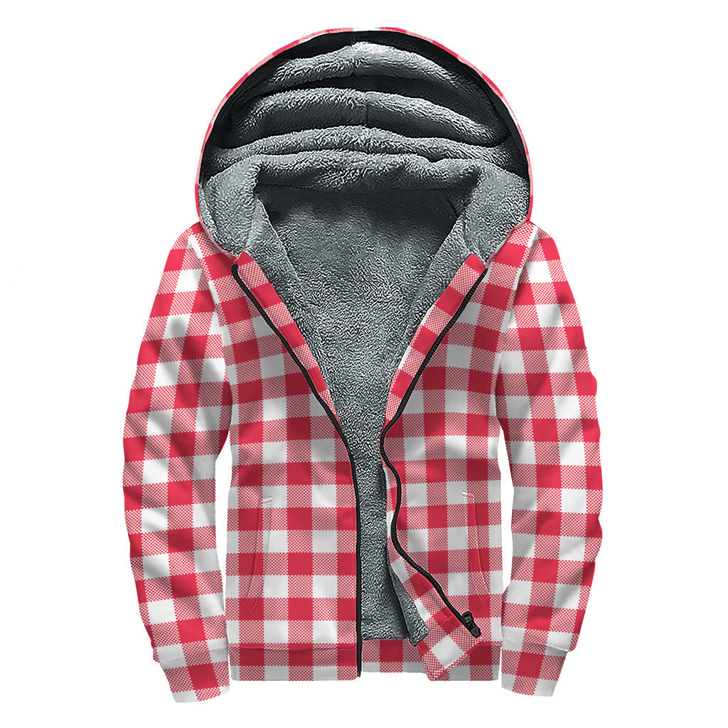 Raspberry Red and White Gingham Print Sherpa Lined Zip Up Hoodie - Embrace Your Inner Hippie Style - 1