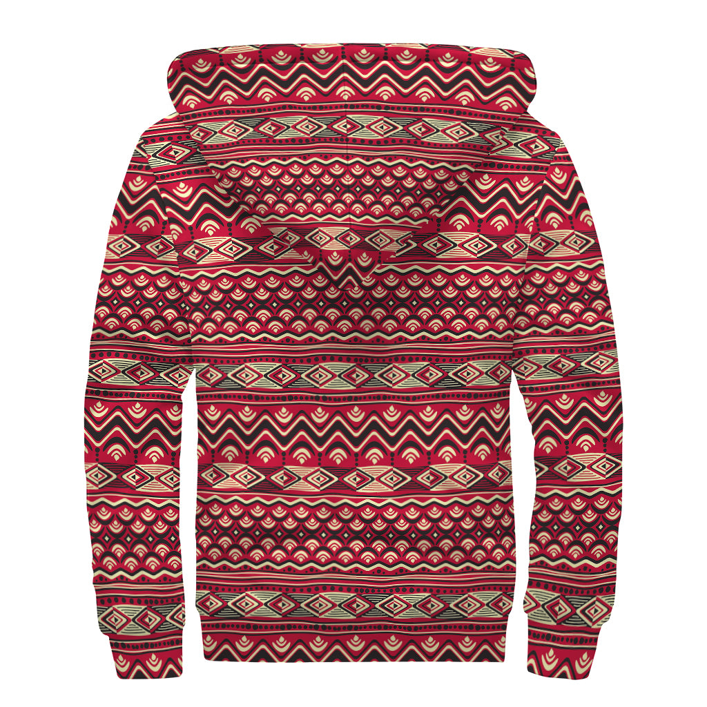 Red African Tribal Pattern Sherpa Lined Zip Up Hoodie for the Free-Spirited Hippie - 2