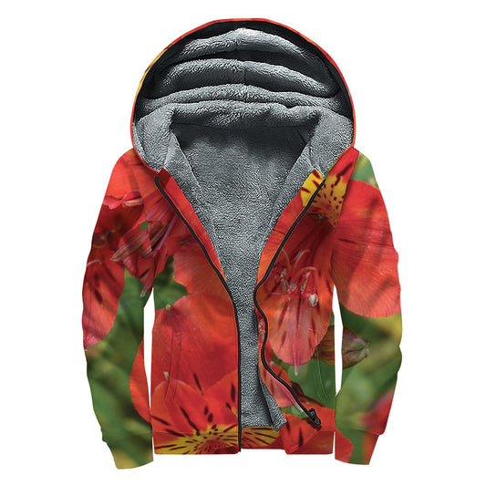 Red Alstroemeria Print Hippie Sherpa Lined Zip Up Hoodie - 1