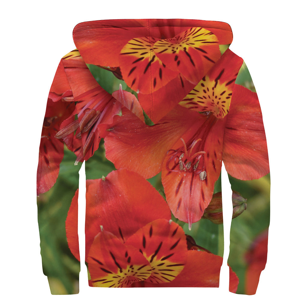 Red Alstroemeria Print Hippie Sherpa Lined Zip Up Hoodie - 2