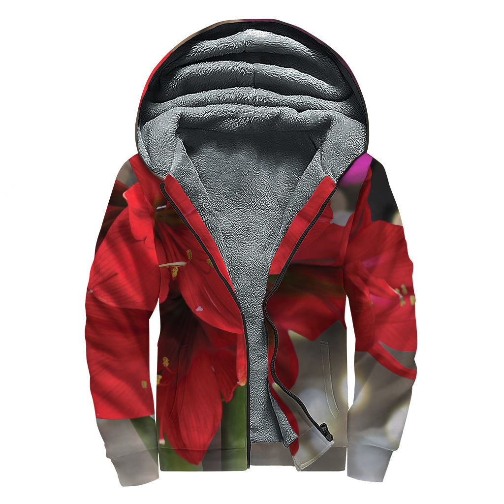 Red Amaryllis Print Hippie Sherpa Lined Zip Up Hoodie - 1