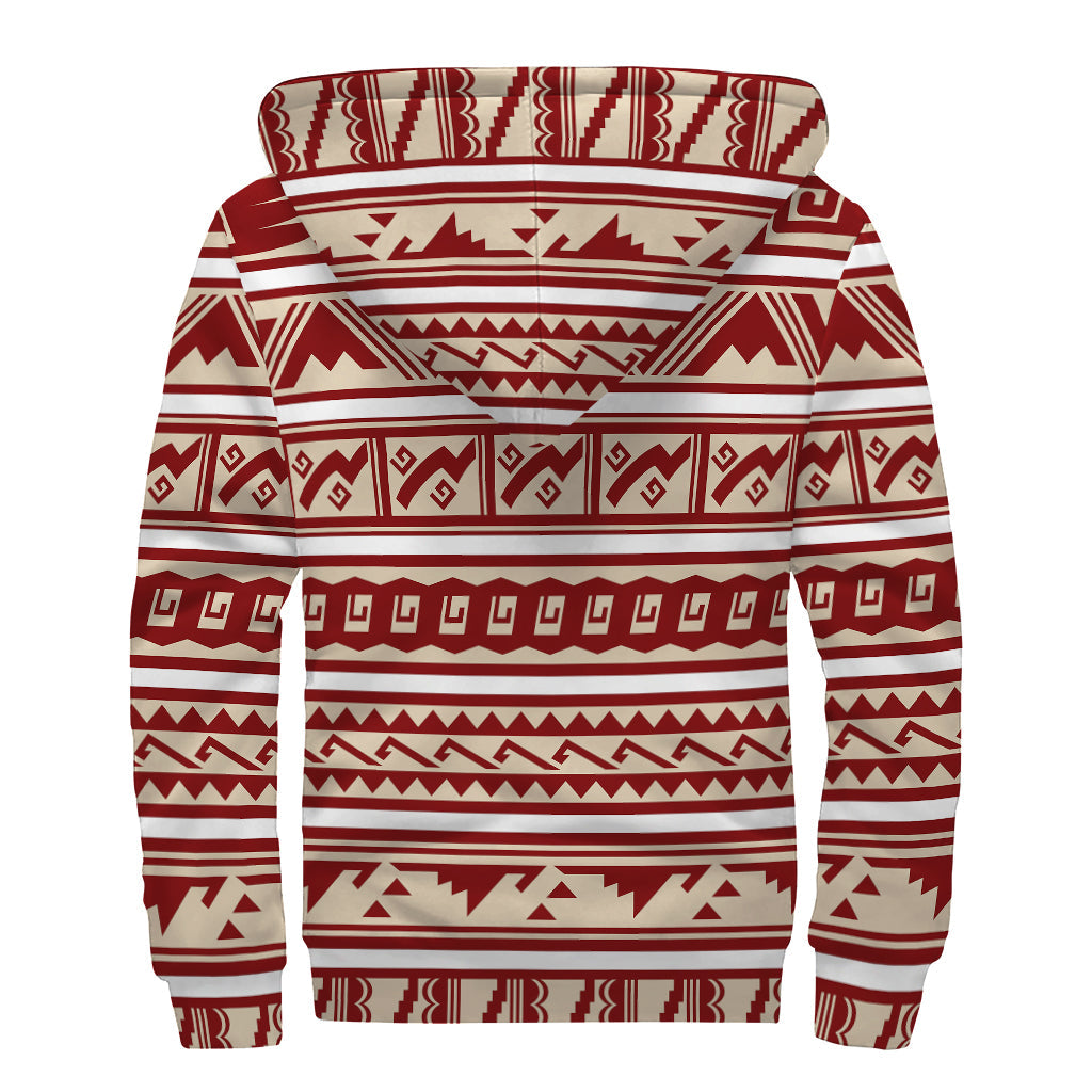 Boho Bliss: Red and Beige Southwestern Pattern Sherpa Zip Up Hoodie - 2