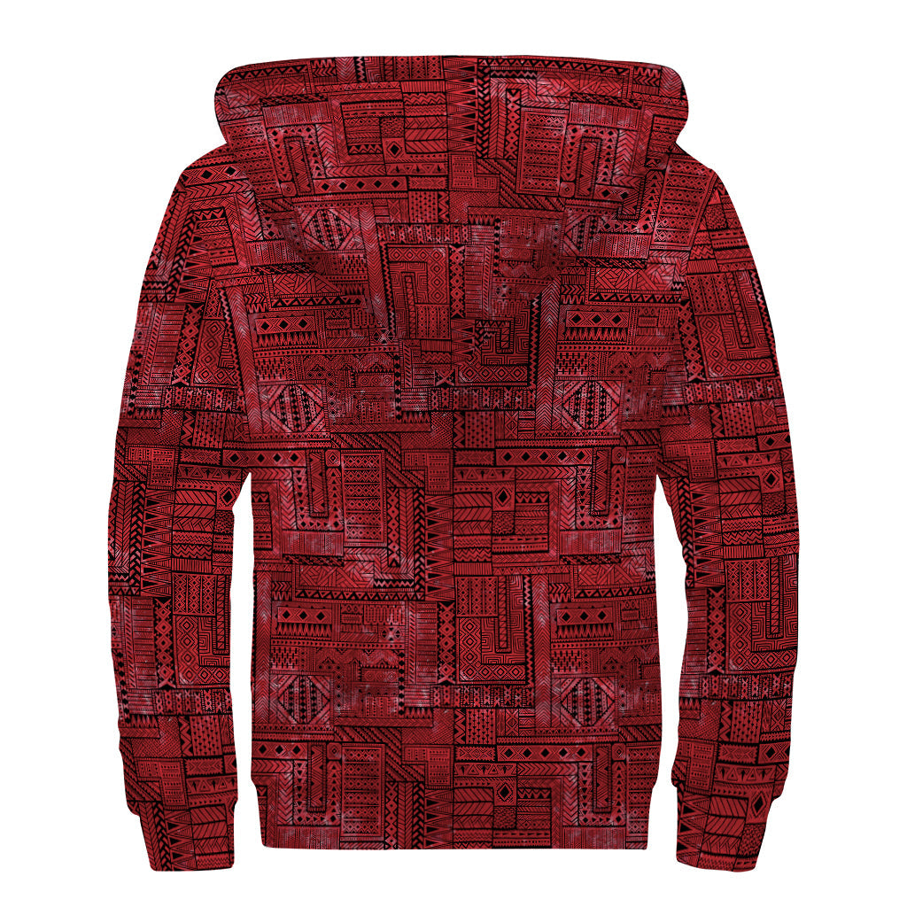 Red and Black African Ethnic Print Sherpa Lined Zip Up Hoodie for Hippies - 2