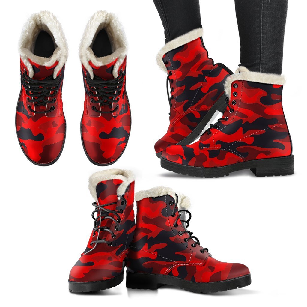 Boho Chic: Red and Black Camouflage Faux Fur Leather Boots for the Free-spirited Hippie - 2