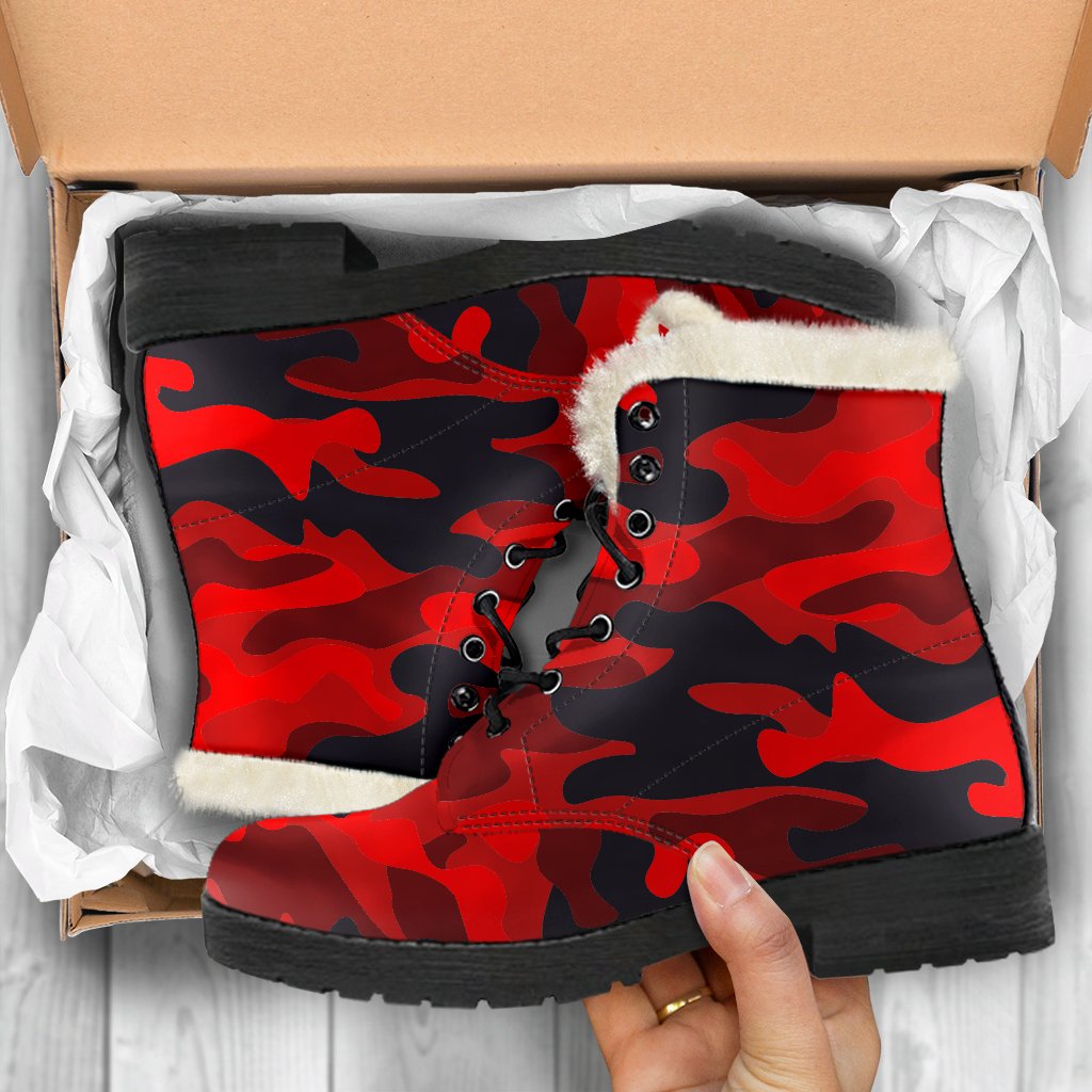 Boho Chic: Red and Black Camouflage Faux Fur Leather Boots for the Free-spirited Hippie - 5