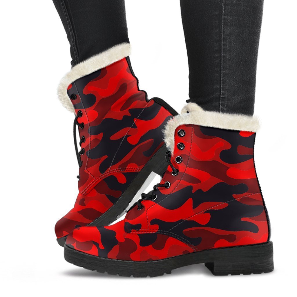 Boho Chic: Red and Black Camouflage Faux Fur Leather Boots for the Free-spirited Hippie - 1