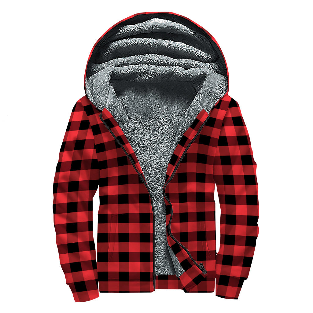 Retro Vibes: Red and Black Checkered Sherpa Lined Zip Up Hoodie for Free-Spirited Hippies - 1