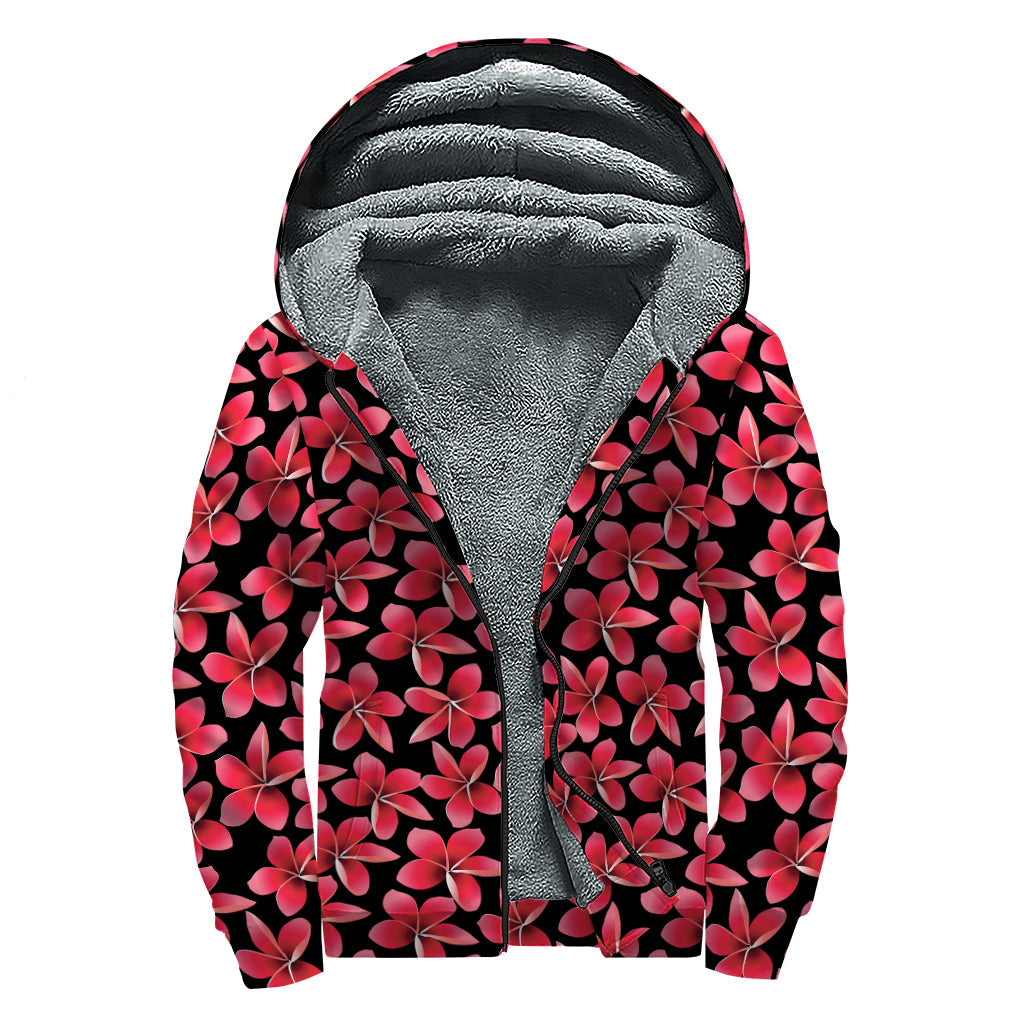 Red and Black Frangipani Print Hippie Sherpa Lined Zip Up Hoodie - 1