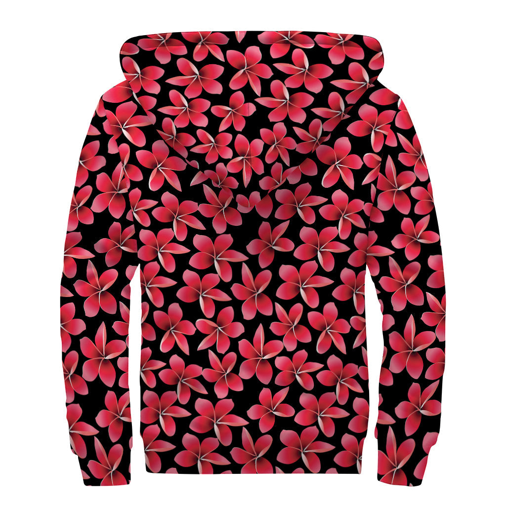 Red and Black Frangipani Print Hippie Sherpa Lined Zip Up Hoodie - 2