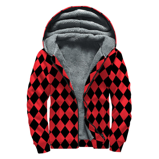 Red and Black Harlequin Pattern Print Sherpa Lined Zip Up Hoodie for the Free-Spirited Hippie - 1