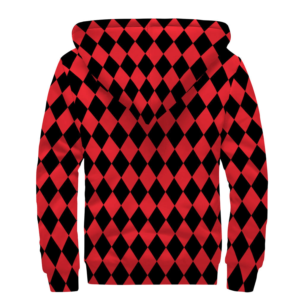 Red and Black Harlequin Pattern Print Sherpa Lined Zip Up Hoodie for the Free-Spirited Hippie - 2