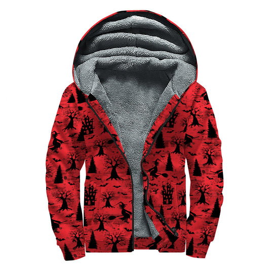 Red and Black Hippie Witch Pattern Sherpa Lined Zip Up Hoodie - 1