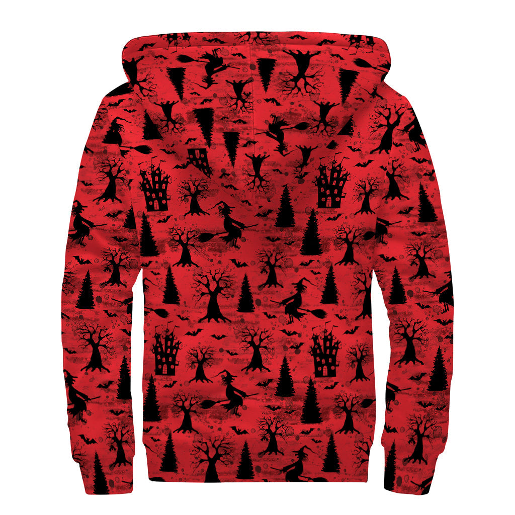 Red and Black Hippie Witch Pattern Sherpa Lined Zip Up Hoodie - 2