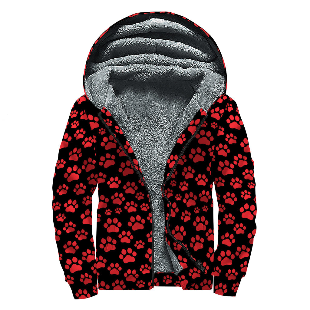 Red and Black Paw Pattern Print Hippies Sherpa Lined Zip Up Hoodie - 1