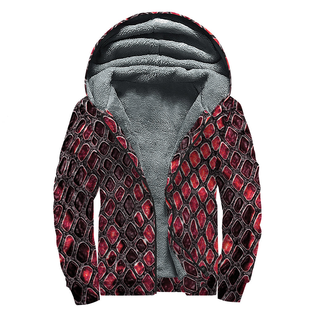 Red and Black Snakeskin Print Sherpa Lined Zip Up Hoodie for Groovy Hippies - 1