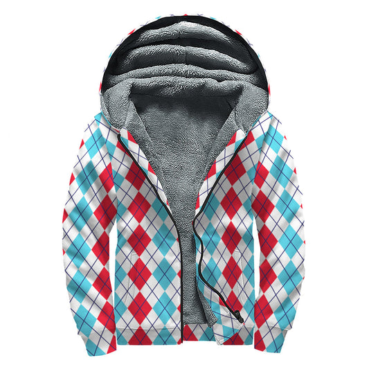 Boho Bliss: Red and Blue Argyle Sherpa Lined Hoodie - 1