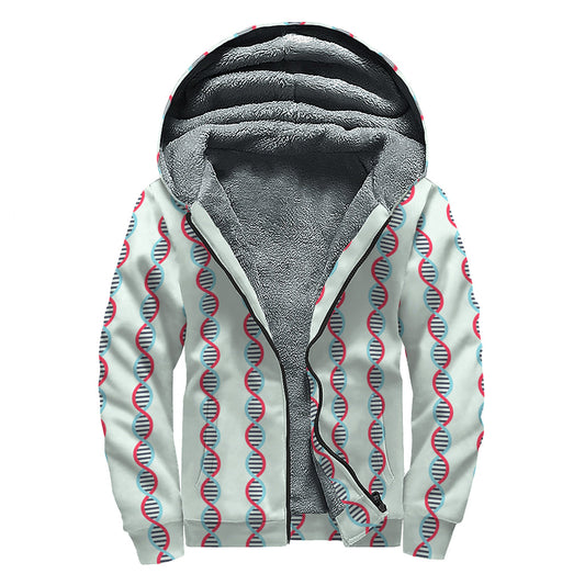 Red and Blue DNA Pattern Print Sherpa Lined Zip Up Hoodie: Groovy Hippie Style - 1