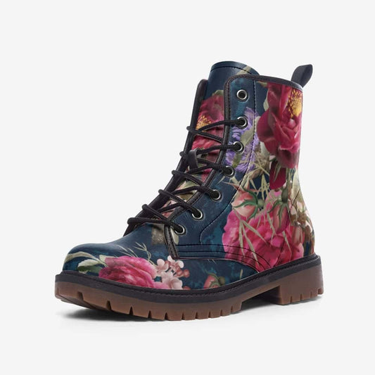 Emerald Blossoms - Red And Blue Floral Print Vegan Leather Boots For Hippies